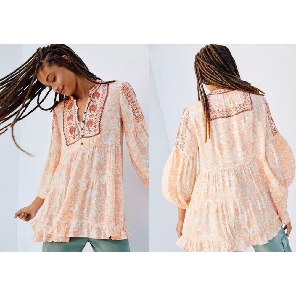 Anthropologie Claudia Embroidered Babydoll Tunic Blouse Peasant Top Boho Sz XXS